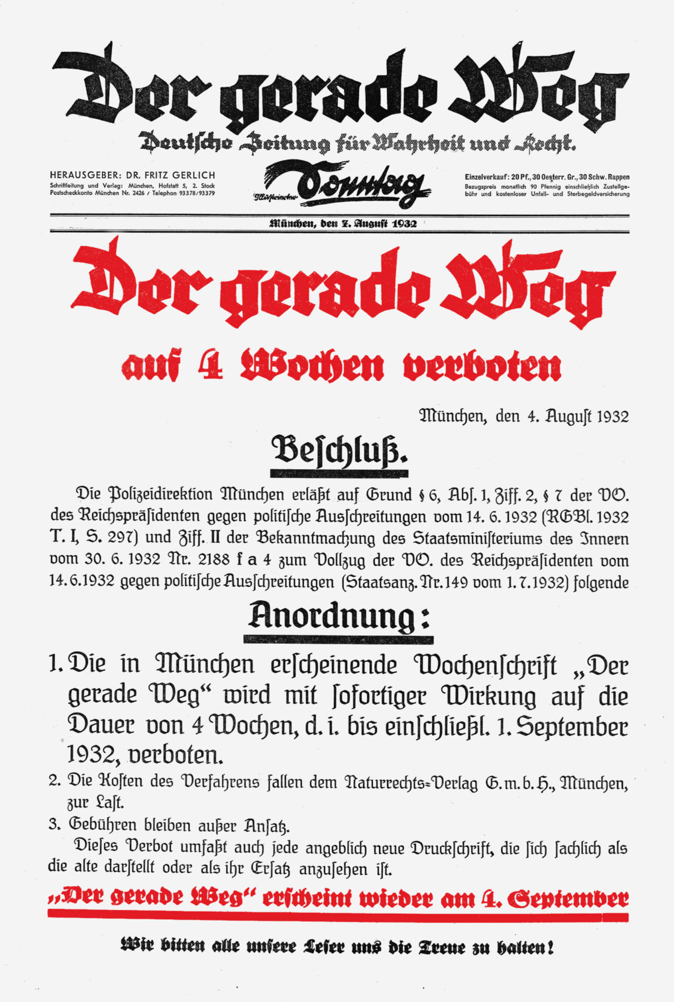 Titelseite des "Geraden Wegs" vom 7. August 1932
